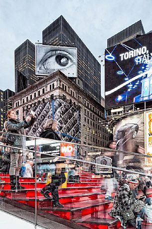 Tourists in the Duffy Square, Red Stairs, at Times Square, Manhattan, New York, United States