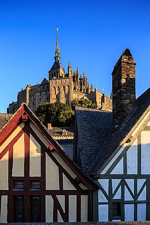 Houses in the old town and Benedictine abbey of Mont Saint-Michel, Normandy, France, Europe