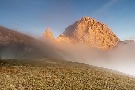 Sunset and pink clouds above Mangart, Julian Alps, Slovenia