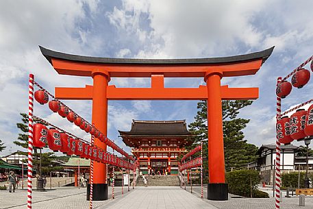 Romon Gate, shrine's entrance of the colored  Fushimi Inari Taisha Shinto Temple, Kyoto, Japan