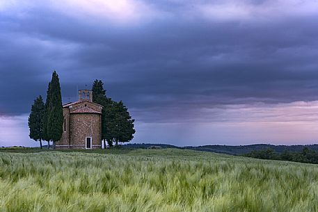 Twilight over Cappella di Vitaleta in Orcia Valley, Tuscany, Italy