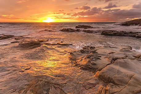 Sea rocks at sunset, Calafuria, Livorno, Tuscany, Italy