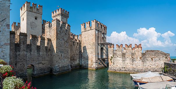 Overview of the historic Scaliger Castle of Sirmione, Garda lake, Brescia, Lombardy, Italy