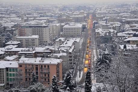 Lower city of Bergamo from the venetian walls of the upper city after a snowfall