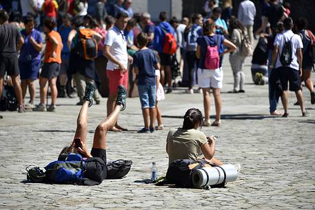 Way of St.James - Pilgrims at Praza do Obradoiro