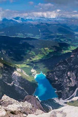 Aerial view of the Braies lake from Croda del Becco or Seekofel peak, dolomites, South Tyrol, Italy, Europe