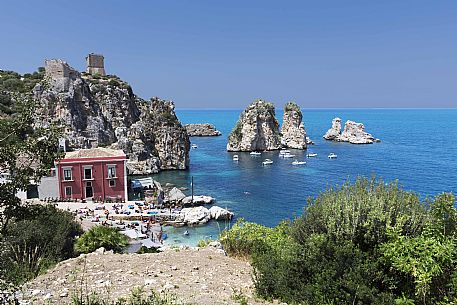 The Scopello Tonnara and the Faraglioni or stack rocks, Scopello, Trapani, Sicily, Italy, Europe