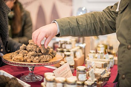 White truffles and truffle products during the truffle exhibition in San Miniato village, Tuscany, Italy