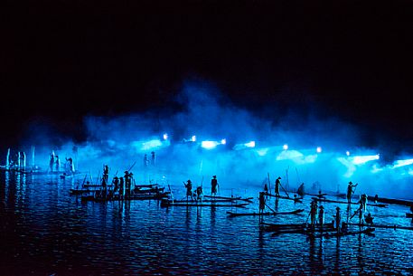 Evening showtime, the stunning scenery of the Li River sets the stage for the Liu San Jie or Sanjie Liu Impression Light Show, Yangshuo, Guangxi, China