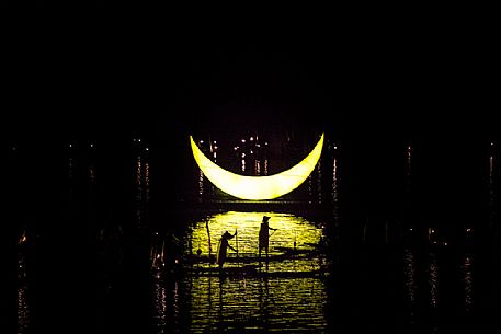 Evening showtime, the stunning scenery of the Li River sets the stage for the Liu San Jie or Sanjie Liu Impression Light Show, Yangshuo, Guangxi, China