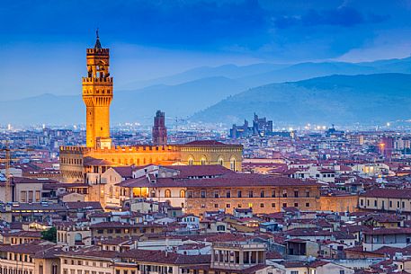 View from Piazzale Michelangelo at dawn, Palazzo Vecchio palace, Florence, Tuscany, Italy, Europe