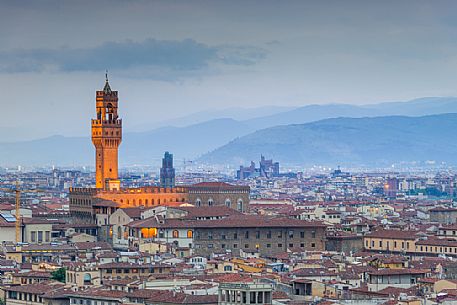 View from Piazzale Michelangelo at dawn, Palazzo Vecchio palace, Florence, Tuscany, Italy, Europe