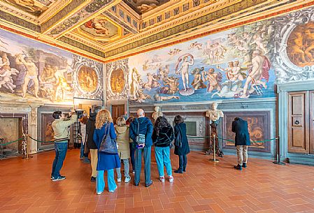 Tourists in the Room of the Elements or Stanza degli Elementi, Palazzo Vecchio, Piazza della Signoria, Florence, Tuscany, Italy, Europe