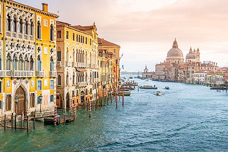 Palazzo Cavalli Franchetti in the Grand Canal and in the background the Santa Maria della Salute church from Accademia bridge, Venice, Italy, Europe