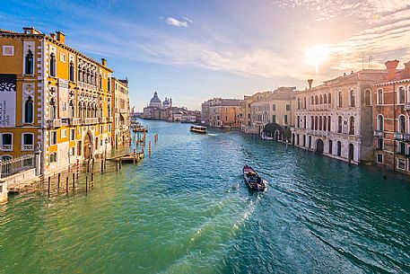 Palazzo Cavalli Franchetti in the Grand Canal and in the background the Santa Maria della Salute church from Accademia bridge, Venice, Italy, Europe